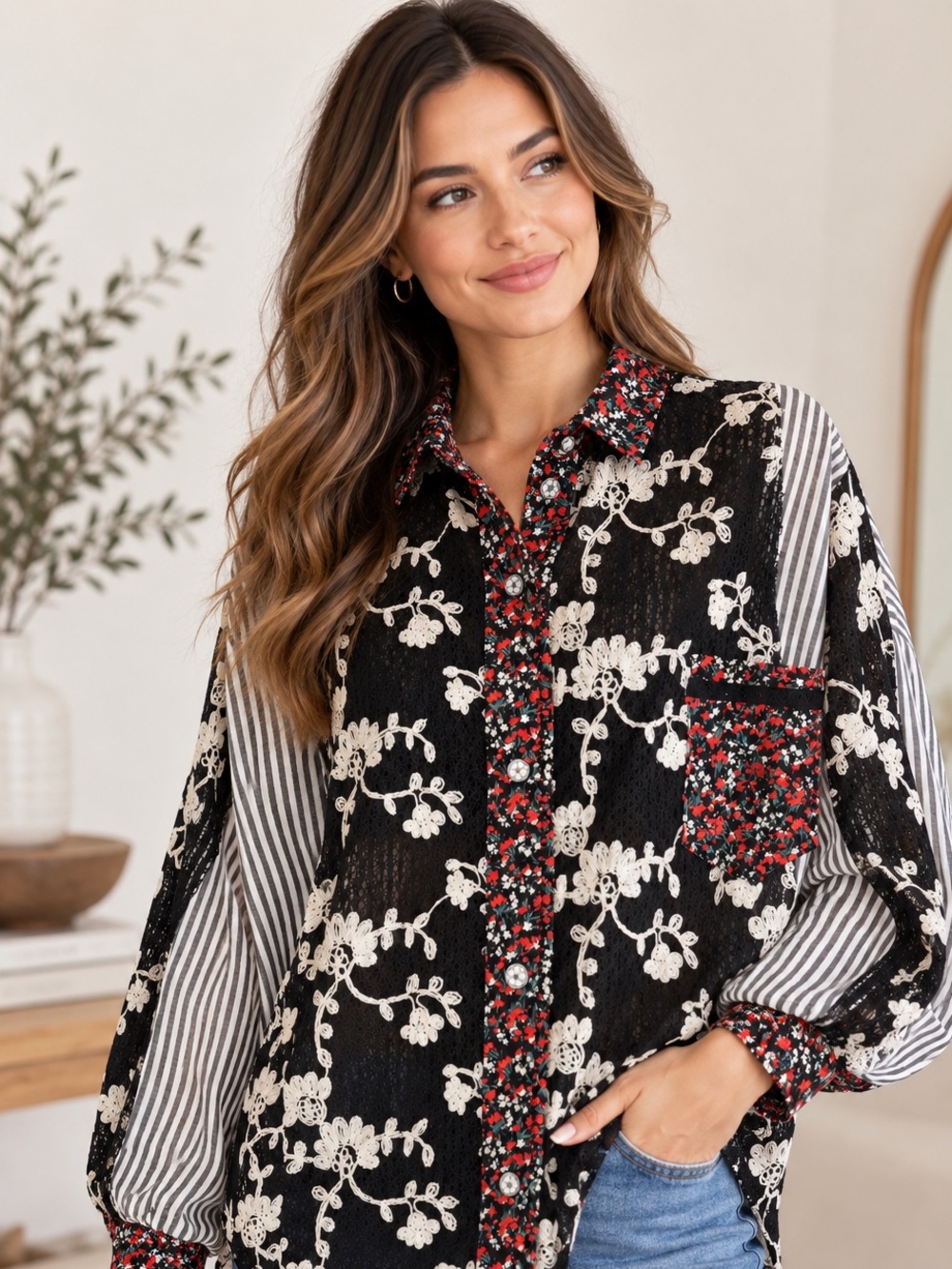 NEW POL Mixed Print Blouse - Embroidered, Lace Mesh Dolman - Gorgeous 🌺